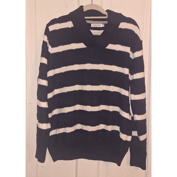 Men's Large Blue White Stripe Sweater Preppy Nautical Fishermen Coastal Beach - Picture 1 of 4